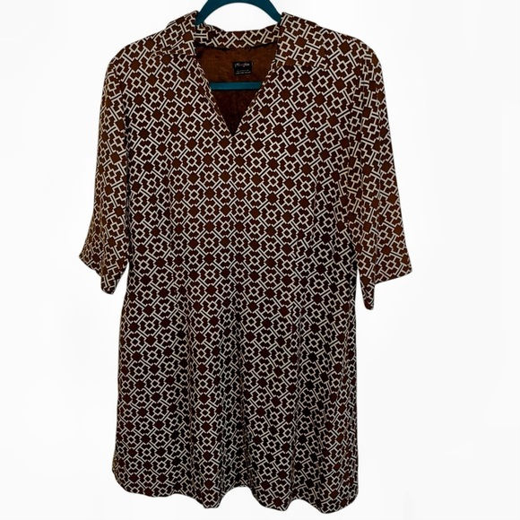 J. Mclaughlin Brown and White Geometric Pattern Dress silk wool XL lord Taylor - Picture 1 of 6